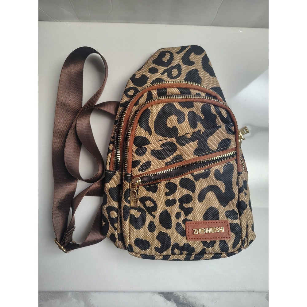 Zhenmeishi Leopard Print Sling Bag Crossbody Backpack Brown Tan Animal Print